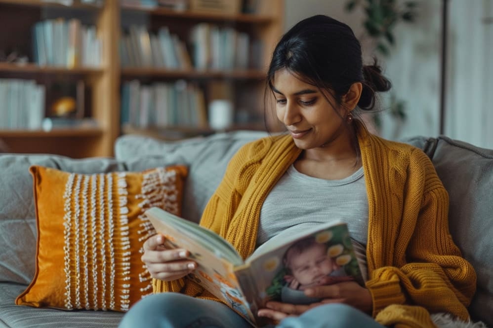 A pregnant woman reading a book about babies