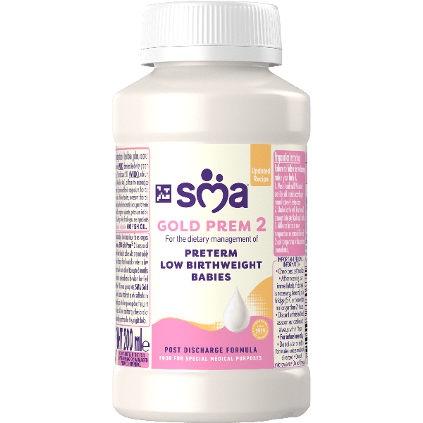 Bottle of SMA Gold Prem 2 Formula 200ml, on a transparent background