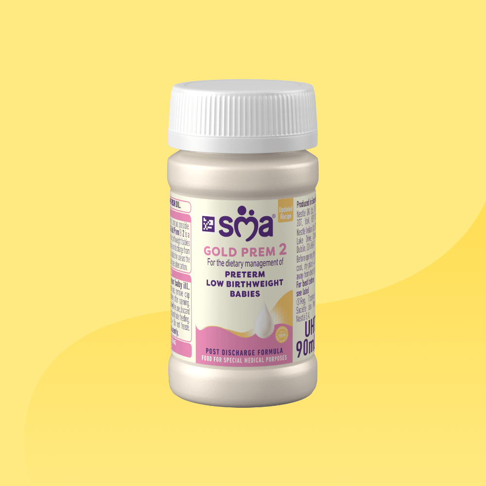 Bottle of SMA Gold Prem 2 Formula 90ml, in front of a yellow background