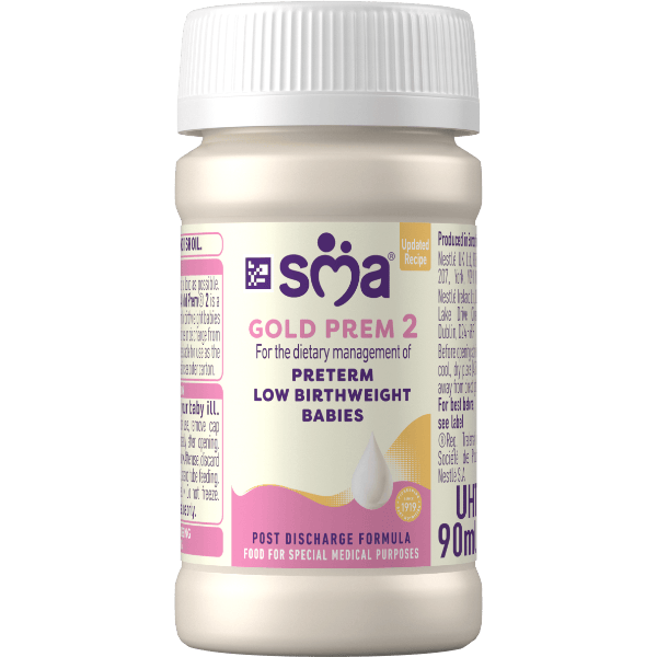 Bottle of SMA Gold Prem 2 Formula 90ml, on a transparent background