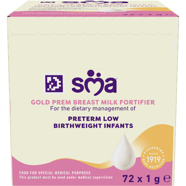 Box of SMA Gold Prem Breast Milk Fortifier on a transparent background 