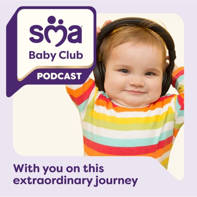 Image showing a baby wearing headphones with the text SMA® Baby Podcast with you on this extraordinary journey