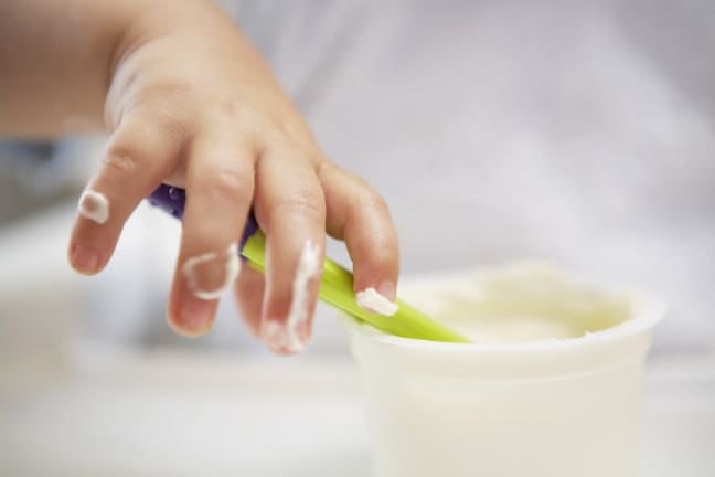 Close-up of a child’s hand holding a spoon over a pot of yoghurt, a type of probiotic food