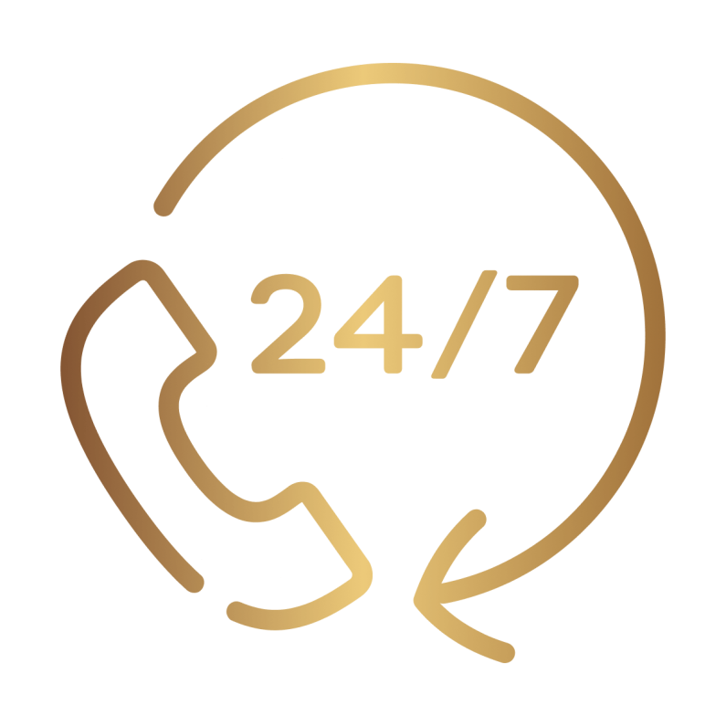 Illustration of a phone and a round arrow rotating clockwise, numbers 24 & 7 in the centre in gold