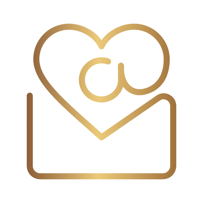 A gold symbol depicting an envelope, with a '@' Symbol at the top, in the shape of a heart