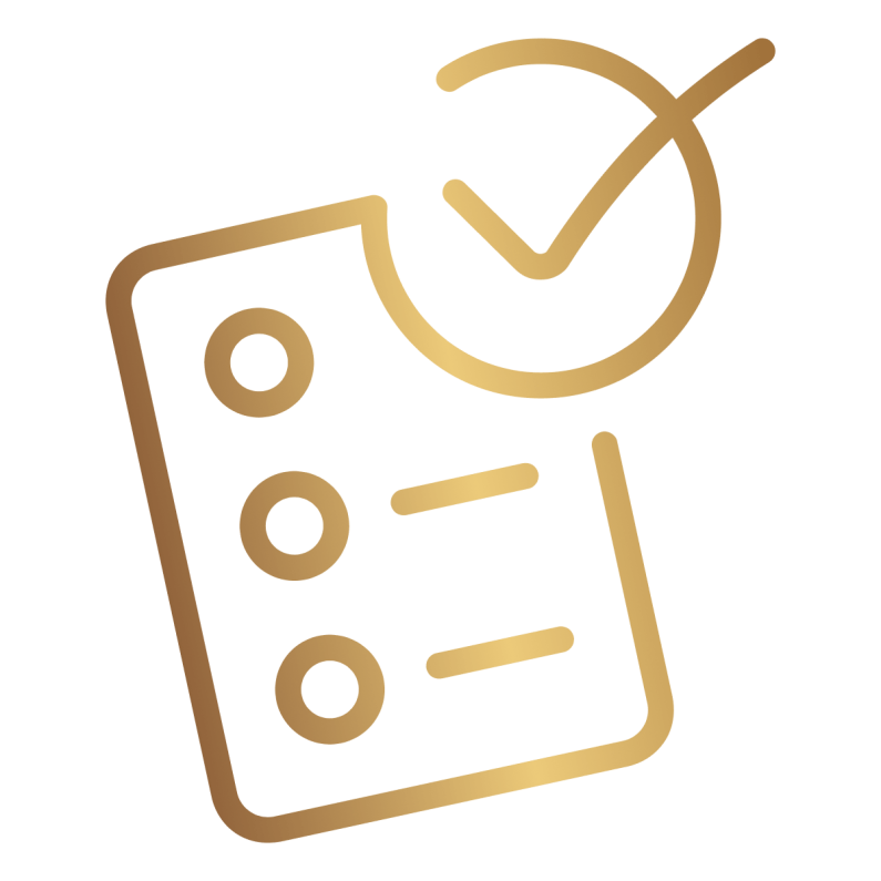 Gold symbol depicting a checklist, with a circle with a tick on the right hand corner