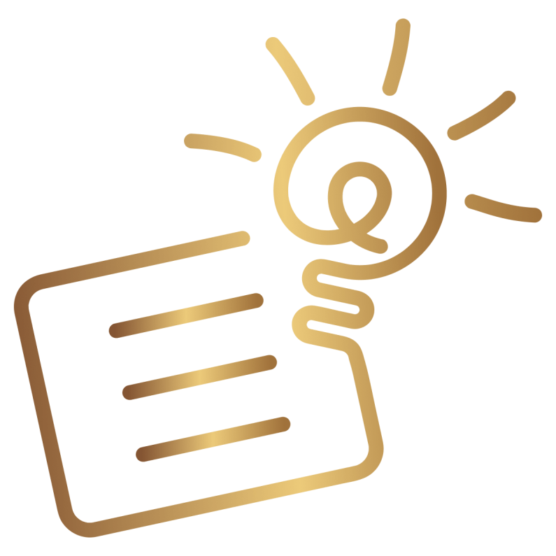 Gold symbol depicting a letter with a lightbulb on the top right hand corner
