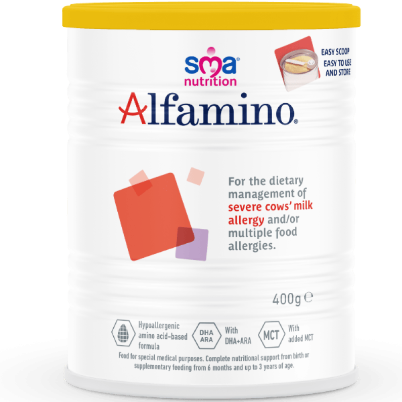 White tin of SMA Alfamino Formula Powder with a yellow lid, on a transparent background 