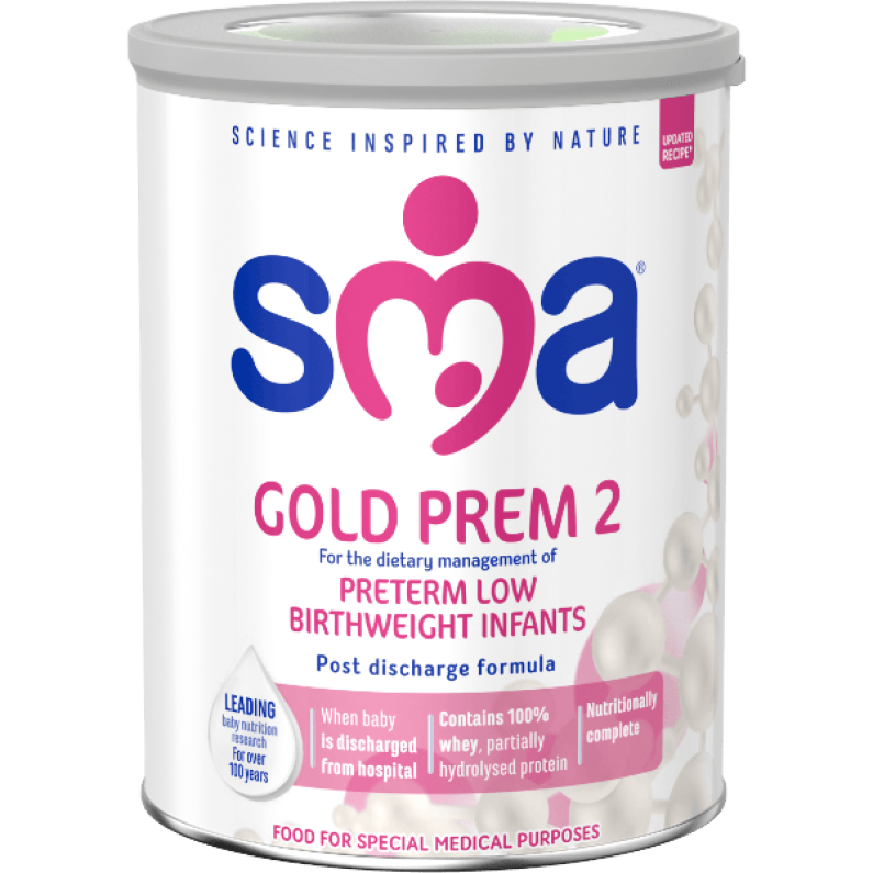 Tin of SMA Gold prem 2 Formula Powder, with a grey lid on a transparent background