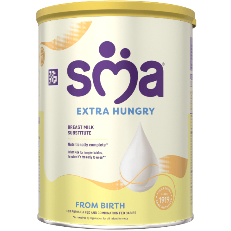 Tin of SMA Extra Hungry Infant Baby Milk Powder with a grey lid with a transparent background