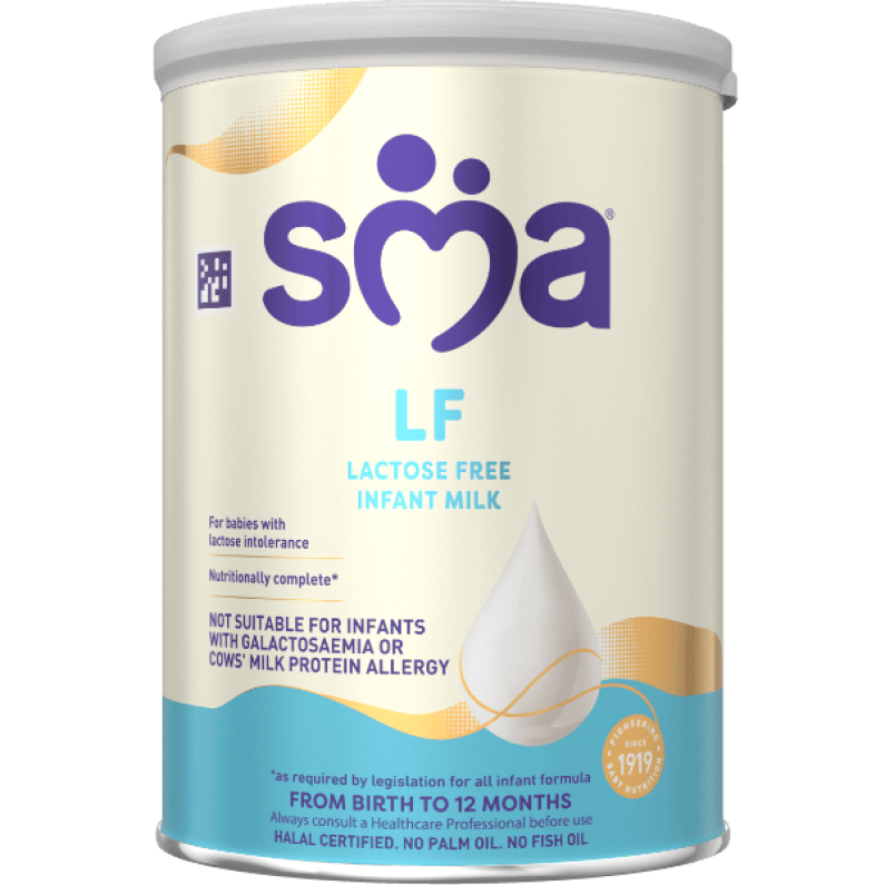 Tin of SMA LF Lactose Free Infant Milk Powder with a grey lid on a transparent background 
