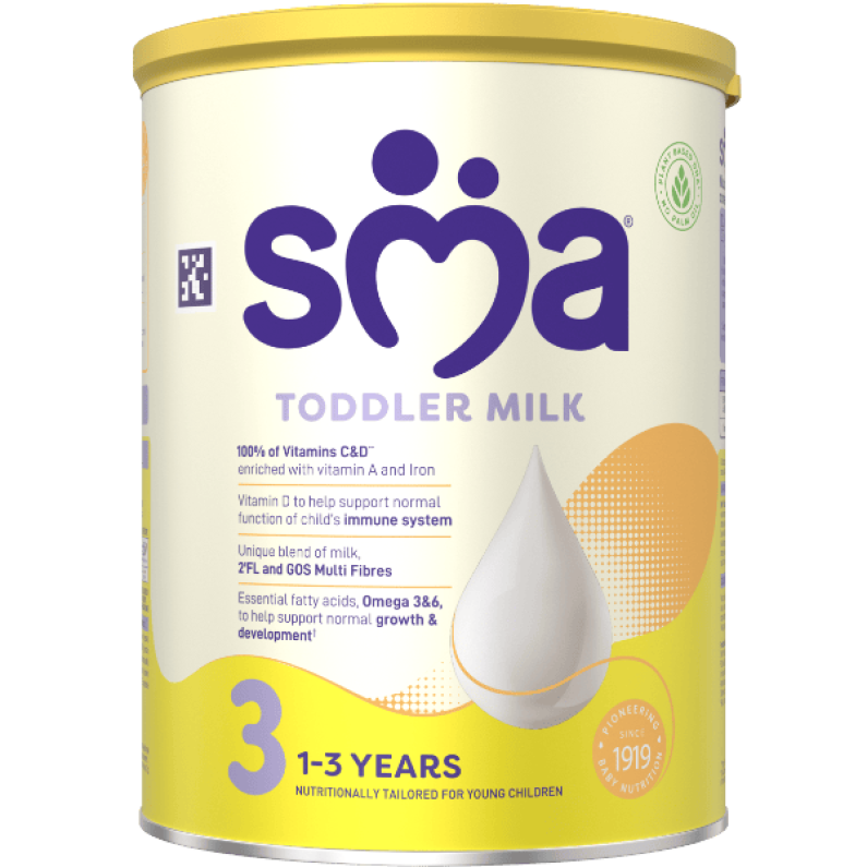 SMA Toddler Milk Powder for children 1 to 3 years, with a yellow lid on a transparent background