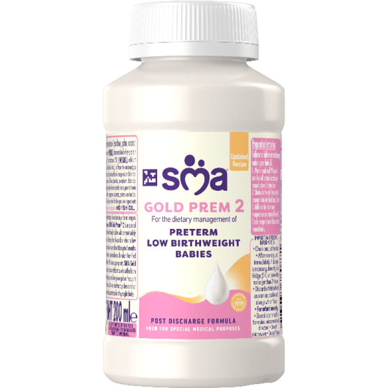 Bottle of SMA Gold Prem 2 Formula 200ml, on a transparent background