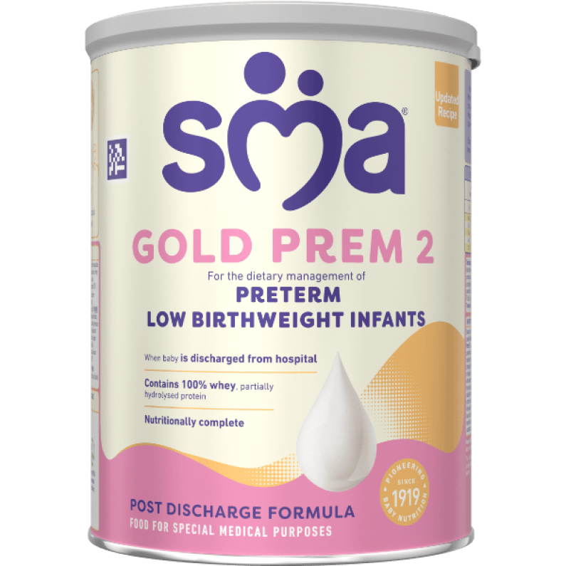 Tin of SMA Gold prem 2 Formula Powder, with a grey lid on a transparent background